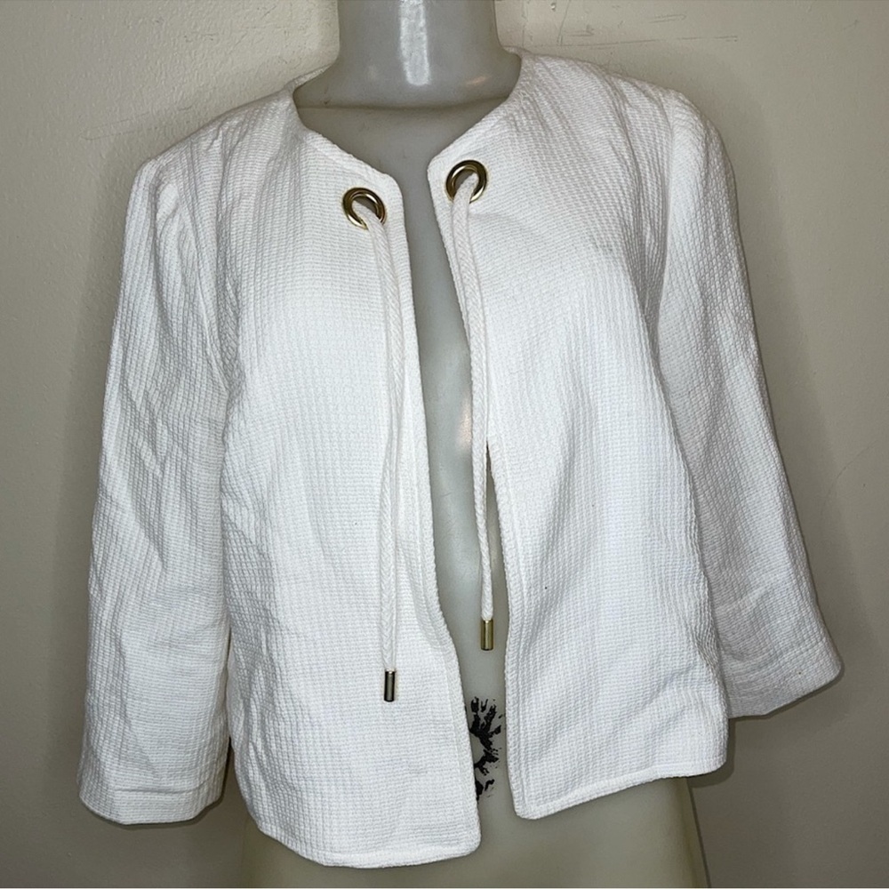 Roz & Ali White Textured Seersucker Open Front Topper Jacket Size S